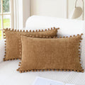 CaliTime Throw Pillow Covers Decorative 20 X 12 Inches Pack of 2 Cozy Solid Dyed Soft Chenille Cushion Cases with Pom Poms for Couch Sofa Bed Living Room Home Apricot Brown