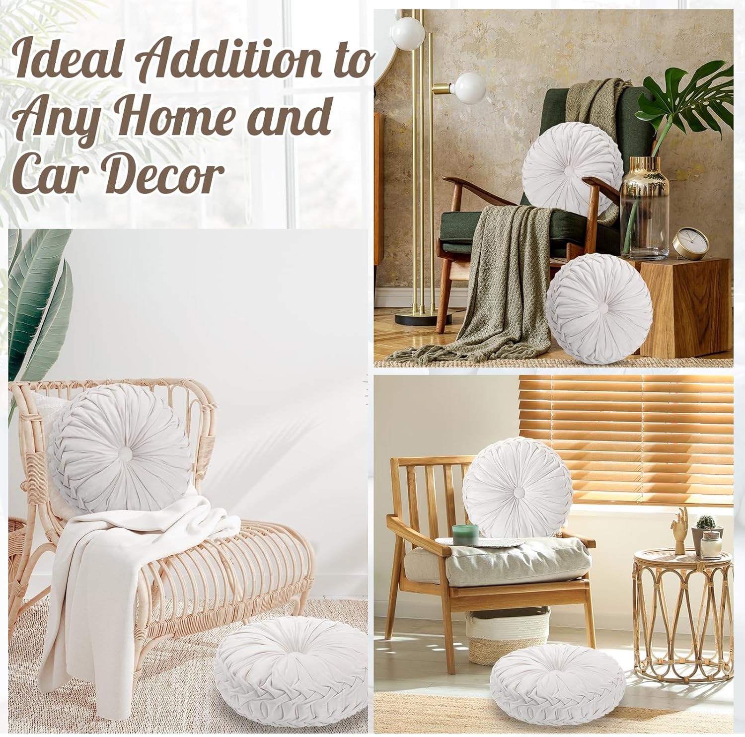 4 Pcs Round Throw Pillows 15 Inch Decorative Velvet Pleated Pumpkin Floor Boho Pillows for Living Room Couch Chair Bed Sofa (White)
