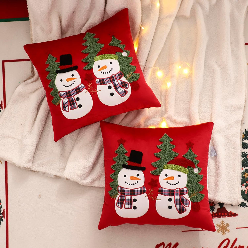 LUOYEHK Red Christmas Pillow Covers 18x18 Set of 2 Cute Snowmen Embroidered Pillow Cases Winter Holiday Velvet Cushion Covers for Couch Sofa Bed