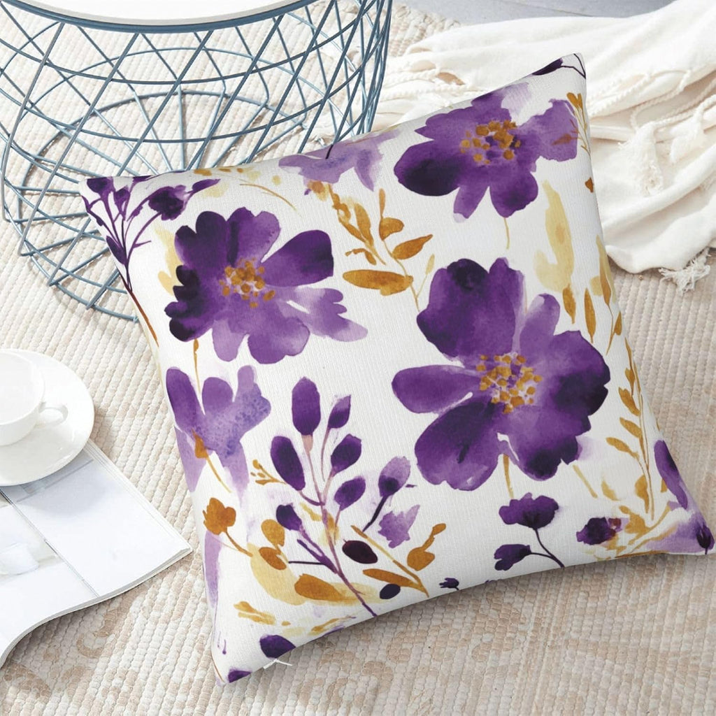 Purple Floral Throw Pillow Covers 18X18 Inch Set of 2, Decorative Violet and Gold Flower Pillows, Modern Boho Farmhouse Pillowcase for Couch Sofa Bedroom Living Room Home Decor Purple Yellow White