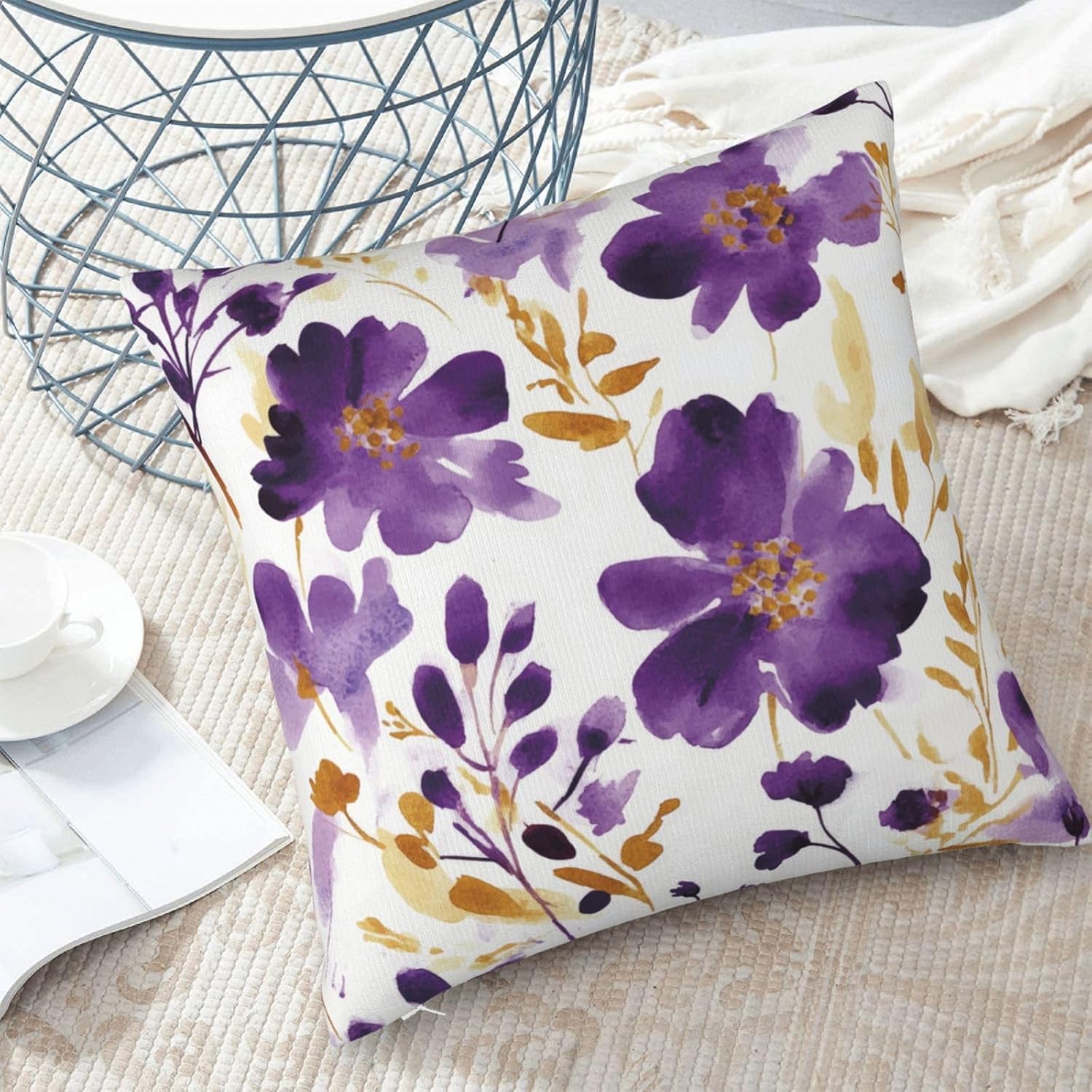 Purple Floral Throw Pillow Covers 18X18 Inch Set of 2, Decorative Violet and Gold Flower Pillows, Modern Boho Farmhouse Pillowcase for Couch Sofa Bedroom Living Room Home Decor Purple Yellow White