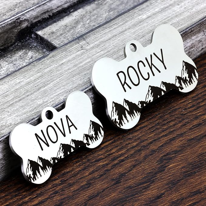 Ultra Joys Personalized Dog and Cat Tags - Stainless Steel, Custom Engraving Front and Back, Bone Tag Mountain Design, Silver Small