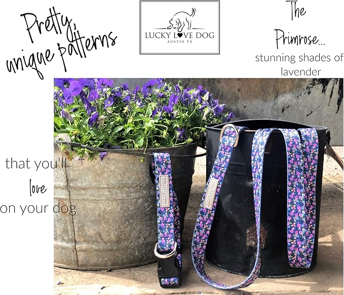 Lucky Love Dog, Matching Dog Collar & Leash Set for Female Dogs, Soft, Adjustable, Safe for Training and Walking, Black & Purple Floral Print, Primrose Combo, XS
