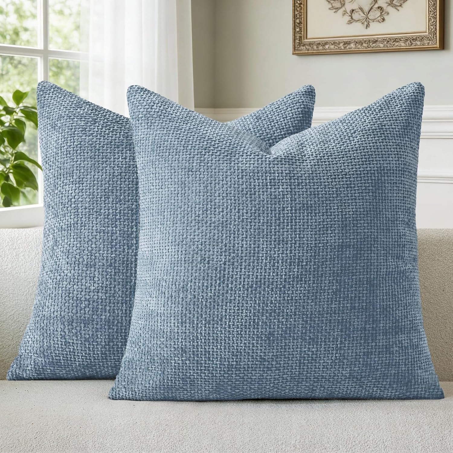 a moment Blue Chenille Throw Pillow Covers 18x18 Inch Pack of 2 Modern Decorative Throw Pillow Covers Farmhouse Cross Covers Home Decor for Sofa Bedroom Living Room
