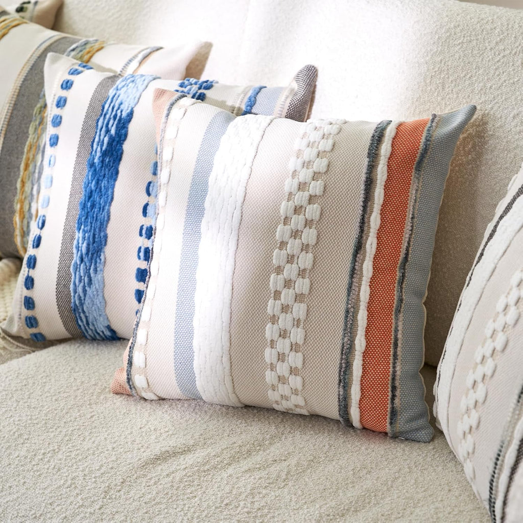 Aeckself Boho Throw Pillow Covers 18x18 Inch Set of 2, Farmhouse Decorative Striped Square Pillow Covers Chenille Tufted Pillow Cases Accent Neutral Pillowcase for Living Room Couch Bed, Orange Blue
