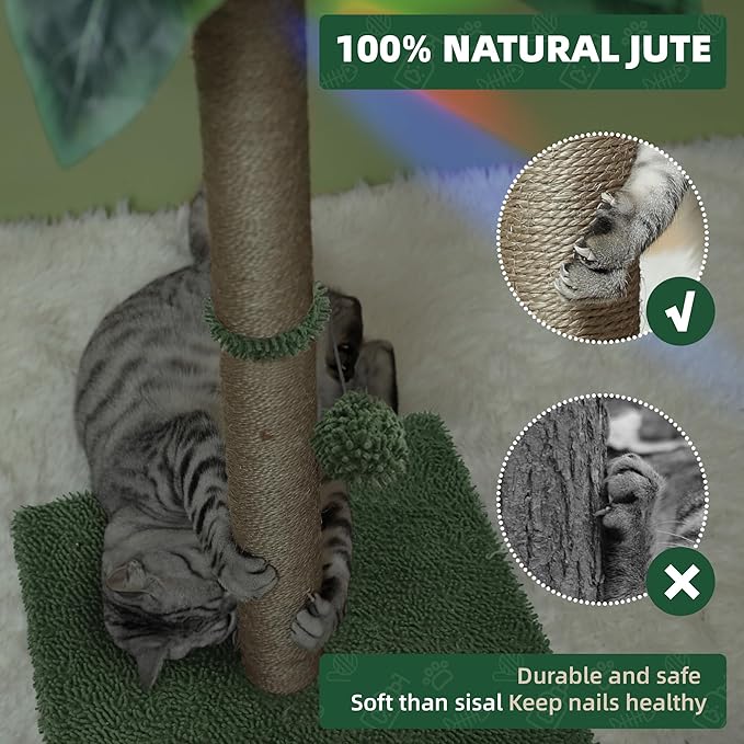 34" LED Cat Scratching Post, Attracts Cats with LED Light, Cat Furniture, Stable Base, Hanging Toy Balls for Large Cats and Kittens, 4 LED Light Settings, Green