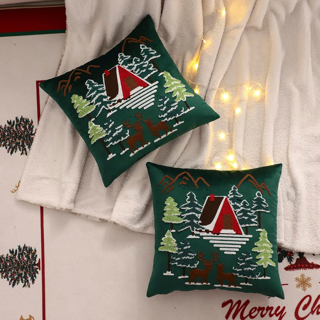 LUOYEHK Christmas Green Pillow Covers 18x18 Set of 2 House and Deer Decorative Pillow Cases Winter Holiday Velvet Embroidered Cushion Covers for Couch Sofa Bed