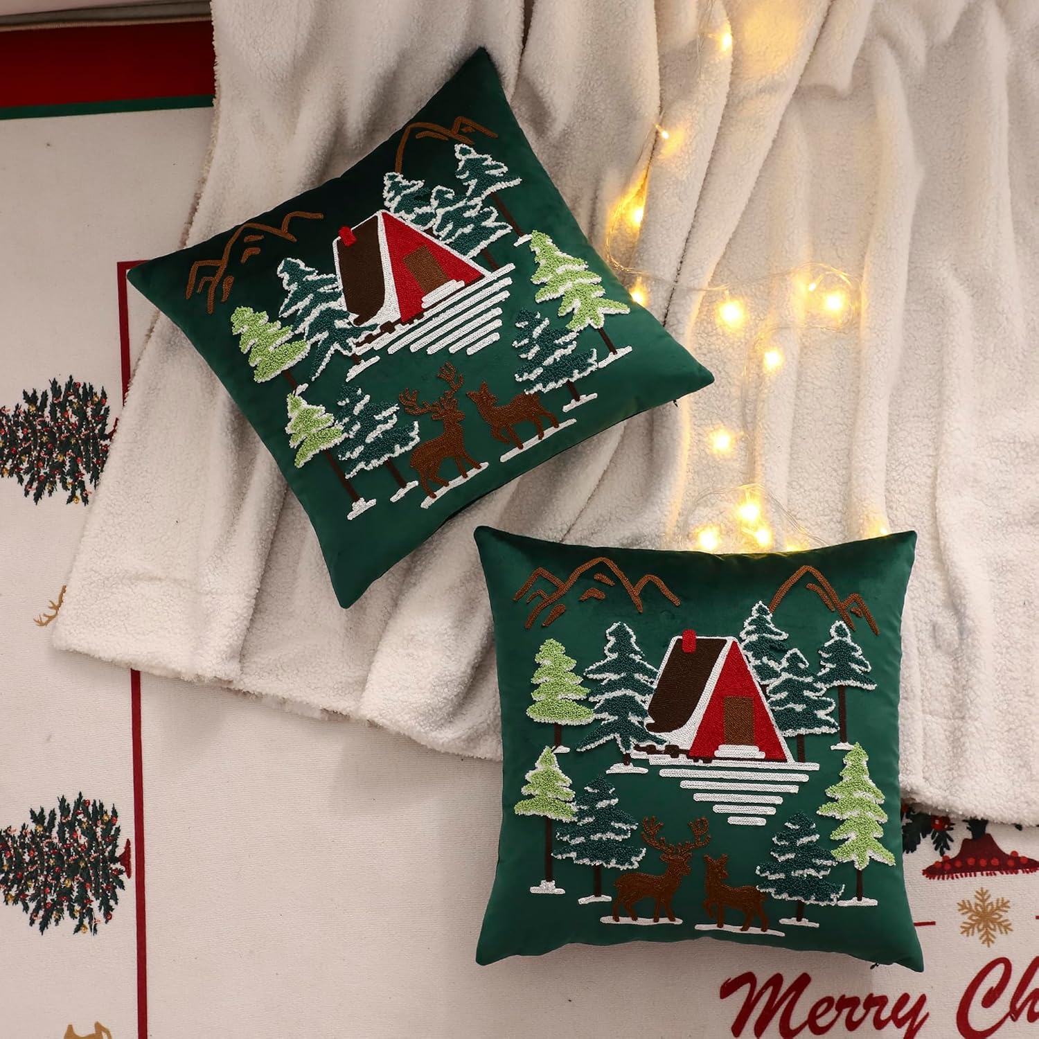 LUOYEHK Christmas Green Pillow Covers 18x18 Set of 2 House and Deer Decorative Pillow Cases Winter Holiday Velvet Embroidered Cushion Covers for Couch Sofa Bed