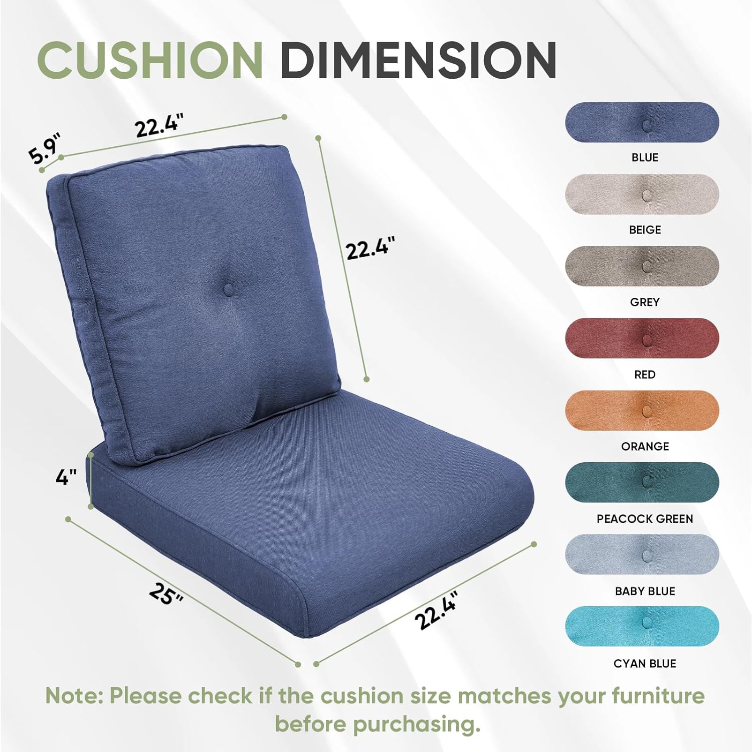 Outdoor Cushion Set of 4, Waterproof Outdoor Seat Cushions 25x22, Patio Chair Cushions for Outdoor Furniture, Couch Cushion Replacement, Include 4 Back & 4 Seat Cushions, Navy Blue