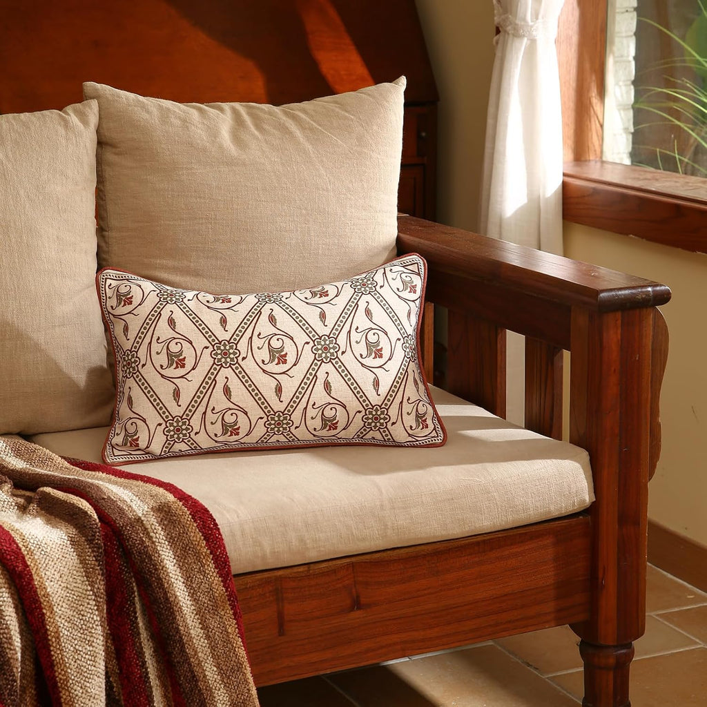 ISAENNE Design Linen Lumbar Vintage Throw Pillow Covers 12"x20",Red Euro Cushion Covers with Orange Floral Green Leaves Pattern Decor Pillowcases for Bed,Living Room,Outdoor,Car