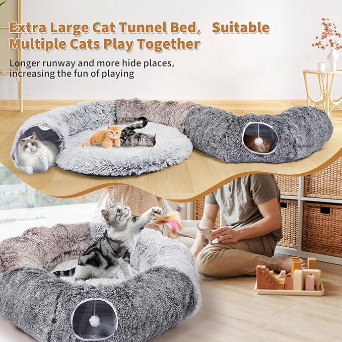 Odoland Large Cat Tunnel and Fluffy Bed - Indoor Detachable Cave With 20 Toys, Donut Tunnel and Variety Kitten Toy Set for Chewing and Playing