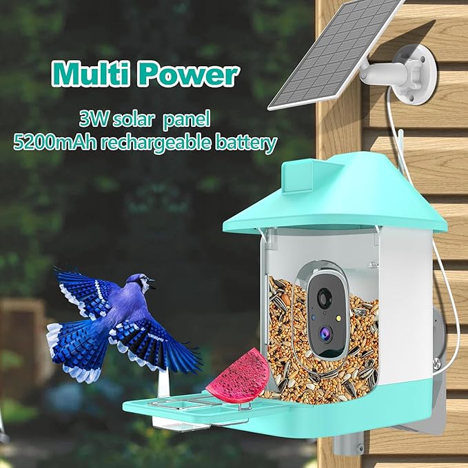 Bird Feeder with Camera,Smart Birdwatching Camera with Solar Powered,AI Identify Species,Instant Notifications,FHD Live View, Auto Record Video in Backyard,Ideal Gifts for Family and Bird Lovers,Blue