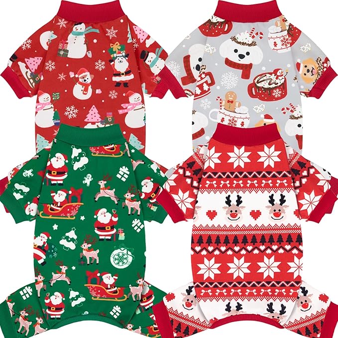 XPUDAC 4 Pack Christmas Dog Pajamas Soft Puppy Outfits for Small Medium Dogs Pet Clothes Pjs Doggie Bodysuit Cat Christmas Apparel, Red Green, XS
