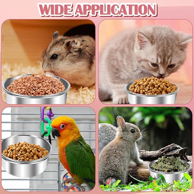 ToLanbbt 10 Pcs Stainless Steel Bird Food Bowls Water with Double Screws and Clamp Holders, Parrot Feeding Dish Cups Parrot Cage Coop Feeders for Cockatiel Conure Budgie Parakeet Macaw Small Animal, S