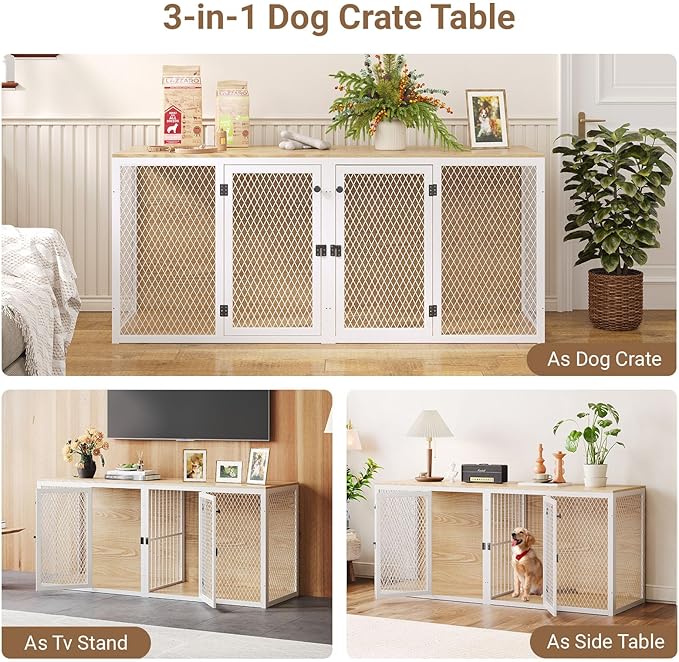 71.6 Inch Dog Crate Furniture for 2 Dogs, XXL Double Cage with Removable Divider & Large Doors, Heavy Duty Wooden Dog Kennel, Indoor Pet House (Light Oak, 71.6x31.9x22.4'')
