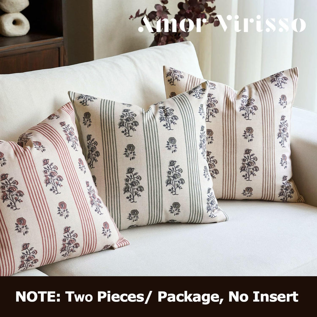 Amor Virisso Floral Throw Pillow Covers 20x20 Set of 2 Block Print Pillow Covers Neutral Floral Striped Farmhouse Decorative Pillow Covers for Sofa Couch Bed, Dusty Green
