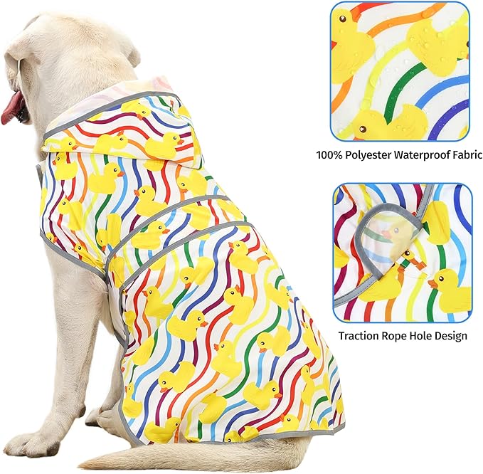 Dog Rain Coat for Large Dogs Waterproof Hooded Rain Jacket with Reflective Strips Leash Hole & Poncho Adjustable Fit (Rainbow,XXL)