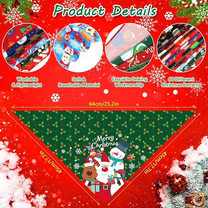 60 Pcs Christmas Dog Bandanas Bulk Adjustable Triangle Dog Scarves Bibs Xmas Puppy Bandanas Pet Neckerchief Washable Holiday Dog Bandana Christmas Party Small Medium Large Dog Pet Grooming