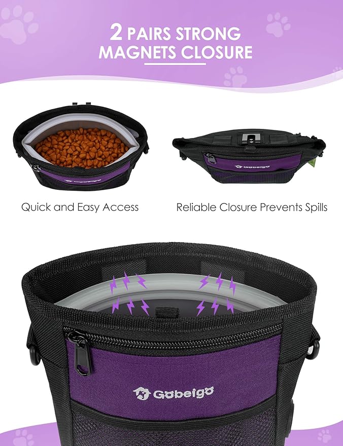 Gobeigo Dog Treat Pouch with Silicone Snack Bag, Front Pocket fits All Phones, 4 Cup Treat Bag with Training Clicker, Upgrade Stronger Magnetic Closure, 3 Ways to Wear Walking Fanny Pack (Purple)