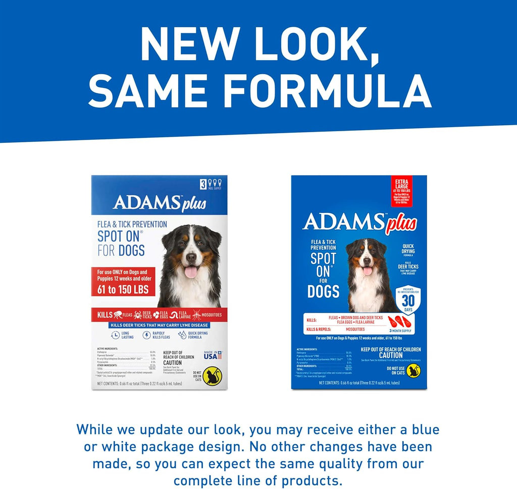 Adams Plus Flea & Tick Prevention Spot On for Dogs 61-150 Pounds, 12 Weeks & Older, 3-Month Supply, Kills Fleas, Flea Eggs, Flea Larvae & Brown Dog & Deer Ticks, Kills & Repels Mosquitoes For 30 Days