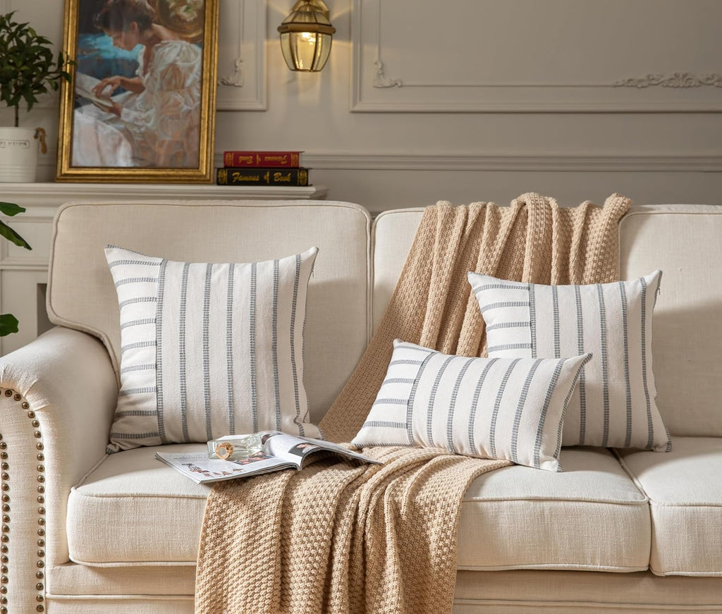 Caflife Boho Throw Pillow Covers 12x20 Set of 2 Soft Farmhouse Decorative Couch Pillow Cases Grey Striped Pillow Covers Neutral Cushion Covers for Sofa Bed Living Room Home Decor