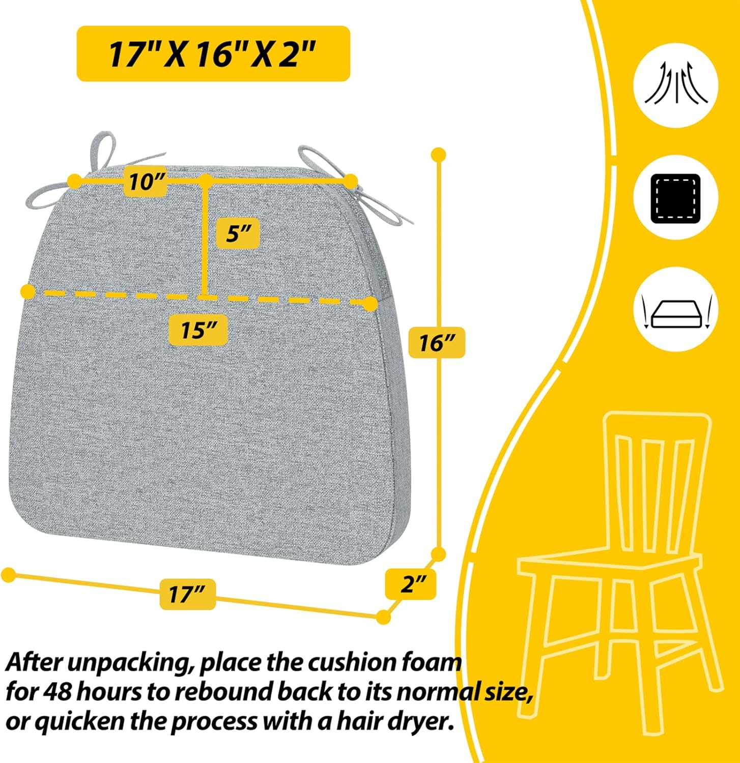 AAAAAcessories D-Shaped Chair Cushions, 2" Thick Dining Chair Pads with Ties and Removable, Machine-Washable Cover, 17" x 16", Set of 2, Gray