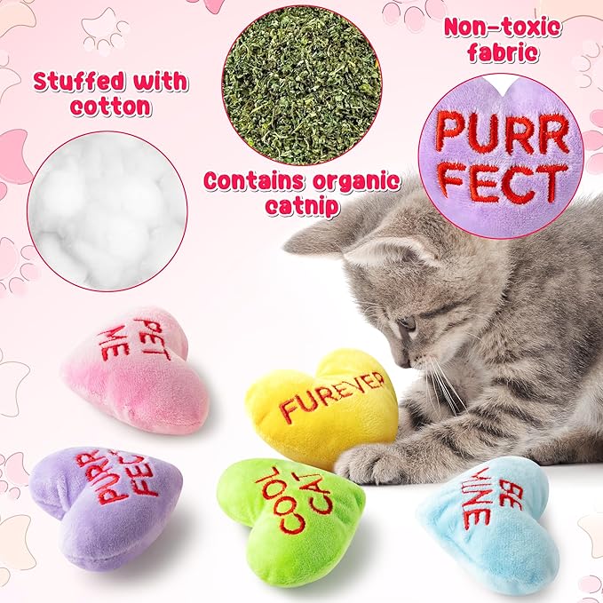 MALLMALL6 5Pcs Conversation Heart Candy Catnip Toys for Cat, Catmint Interactive Kitten Teething Chew Kick Toy for Indoor Cats, Soft Pet Sweetheart Gift Supplies