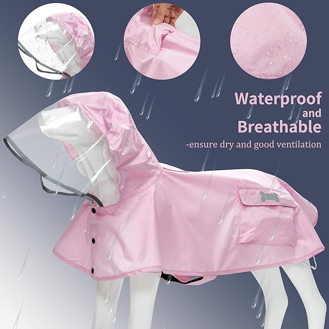 Waterproof Dog Raincoat, Adjustable Reflective Lightweight Pet Rain Clothes with Poncho Hood (Light Pink, X-Large)
