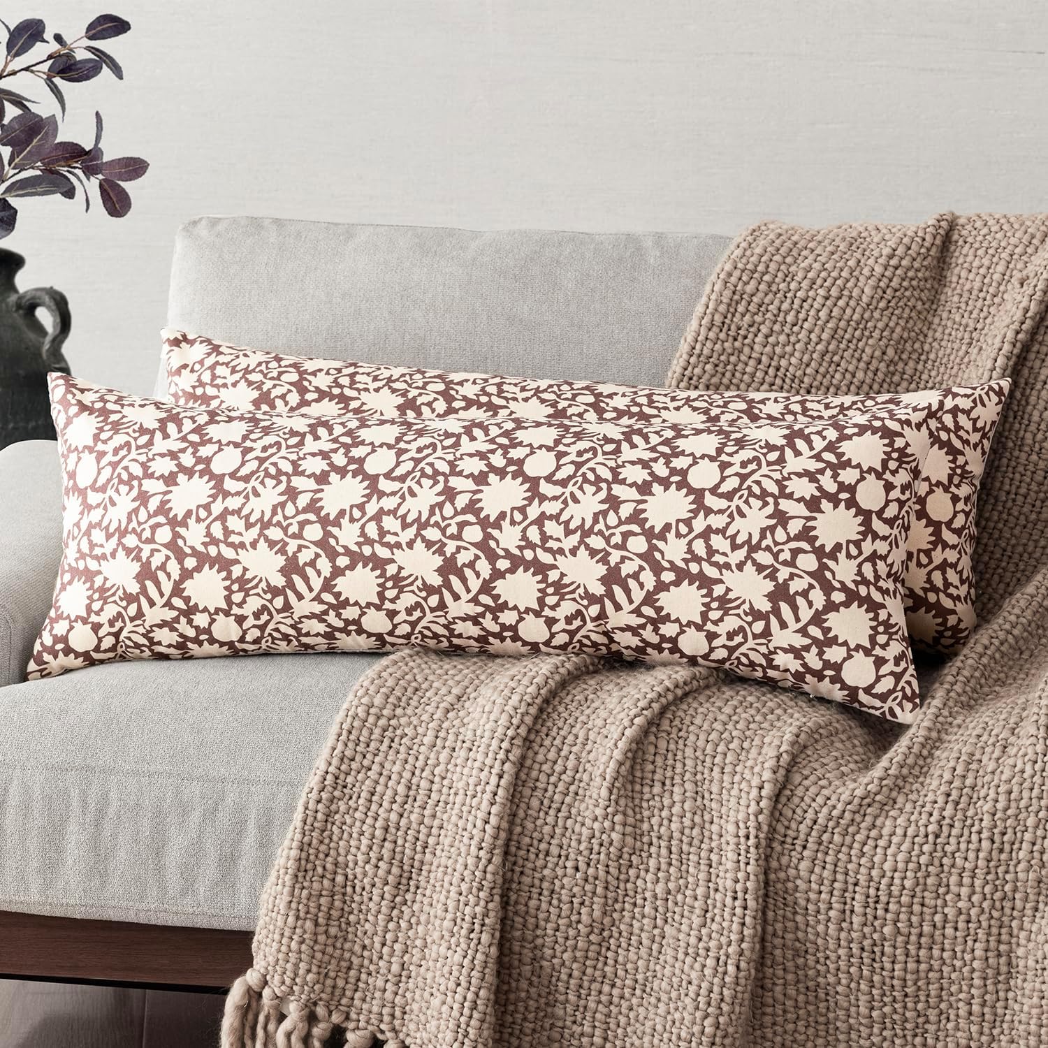 Foindtower Set of 2 Decorative Long Body Lumbar Throw Pillow Covers Accent Farmhouse Cushion Covers Boho Neutral Pillowcase for Couch Sofa Bedroom Living Room Home Decor,14×36 Inch,Wine Red