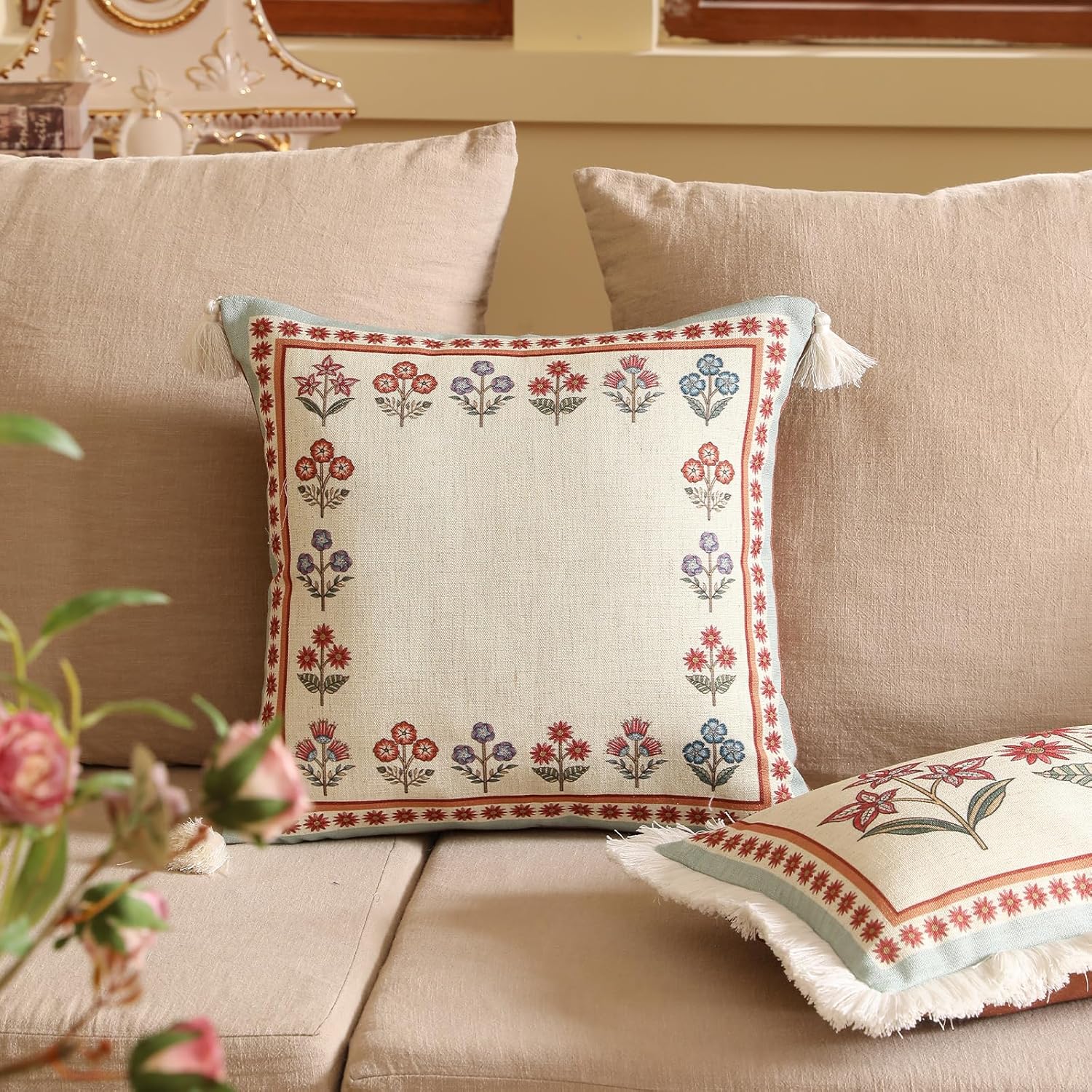 Blue Throw Pillow Covers Set of 2,Cottage Rustic Farmhouse with Wild Flowers Pattern Linen Pillowcases,Decorative Square Pillows Cushion Cover for Couch Sofa Bed Chair Car,18x18 Inches