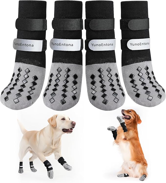 Non Slip Dog Socks to Prevent Licking Paws - for Hardwood Floors Anti Slip - Grippy Socks for Senior Dog - Double Elastic Reflective Straps Prevent Scratching for Hot Pavement. (Grey, M)