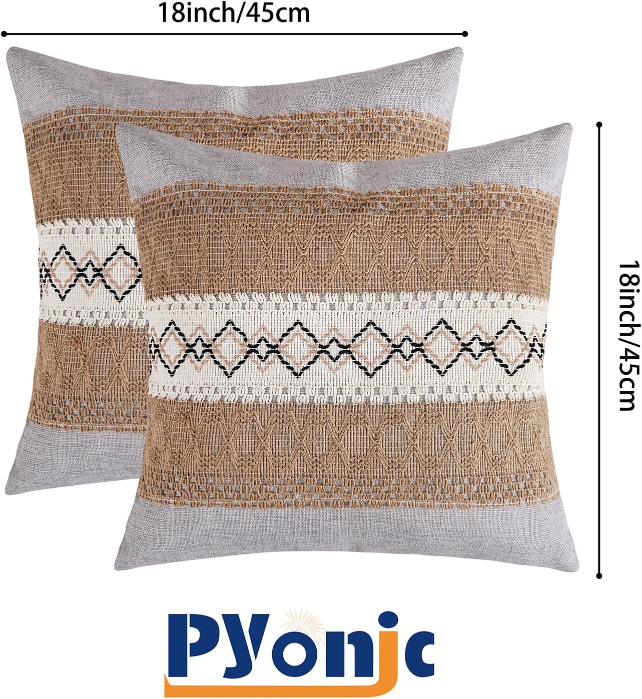 Pyonic Pack of 2 Boho Throw Pillow Covers 18x18 Inch Farmhouse Decorative Throw Pillows for Bed Sofa Living Room,Gray Modern Cushion Cover Couch Pillows Cover Home Decor