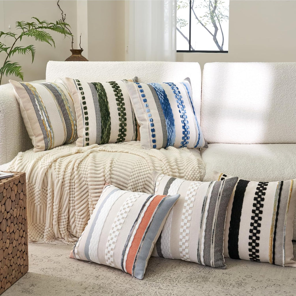 Aeckself Boho Throw Pillow Covers 18x18 Inch Set of 2, Farmhouse Decorative Striped Square Pillow Covers Chenille Tufted Pillow Cases Accent Neutral Pillowcase for Living Room Couch Bed, Dark Green