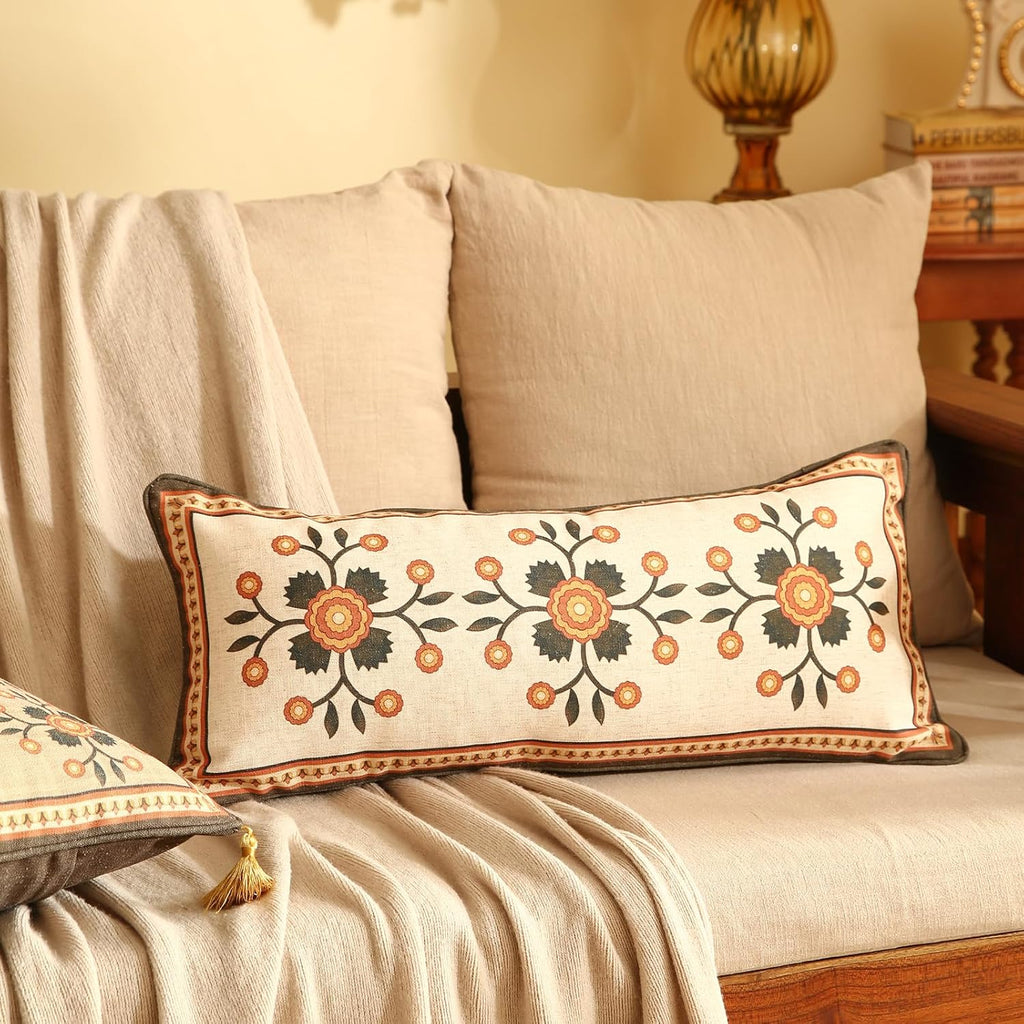 Brown Throw Pillow Covers Set of 2,Floral Farmhouse Linen Accent Pillows Cover for Couch Throw Pillows Case,Decorative Lumbar Pillows for Couch Sofa Bed Chair Cushion Covers 12"x20"