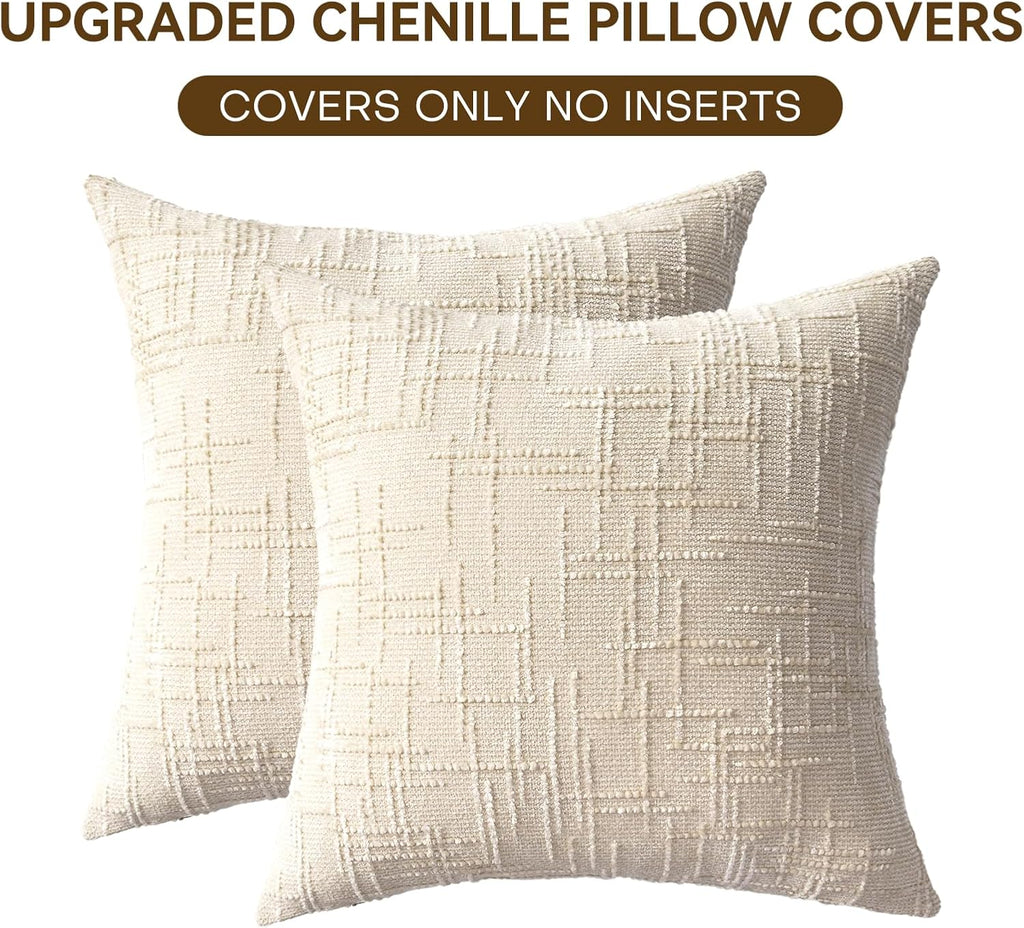 Decorative Throw Pillow Covers 20x20 Inch Set of 2, Thick Solid Farmhouse Chenille Couch Pillows, Spring Pillow Covers for Couch Sofa Bed Living Room Home Decor Pillowcase,White