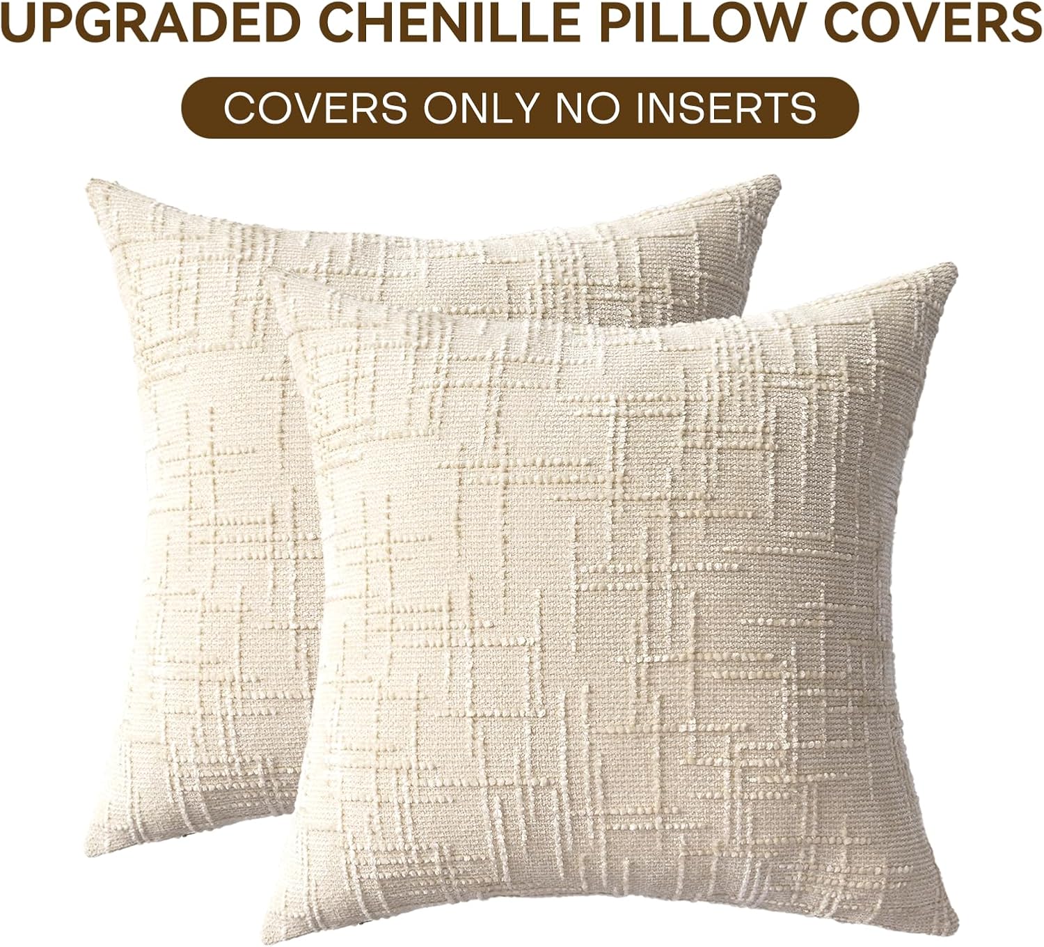 Decorative Throw Pillow Covers 20x20 Inch Set of 2, Thick Solid Farmhouse Chenille Couch Pillows, Spring Pillow Covers for Couch Sofa Bed Living Room Home Decor Pillowcase,White