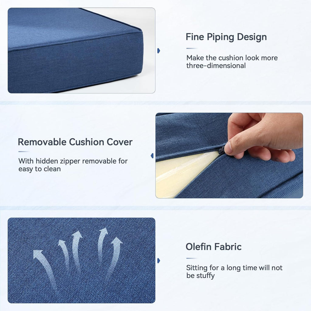 6" Thick Outdoor Cushions 22x24x6, 1-Set Deep Seat Patio Cushions with Removable Cover, Waterproof & Fade Resistant Replacement for Wicker Chair, Loveseat, Sofa - Blue