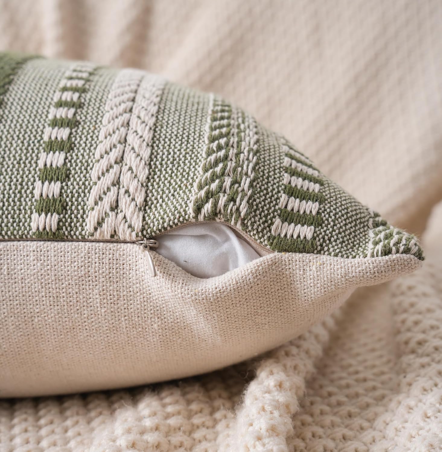 Boho Lumbar Pillow Covers 14x36 Long, Farmhouse Decorative Couch Pillow Cases, Green Accent Pillows of Bed, Sofa Bedroom Living Room Home Decor Cushion Cover, Pack of 1