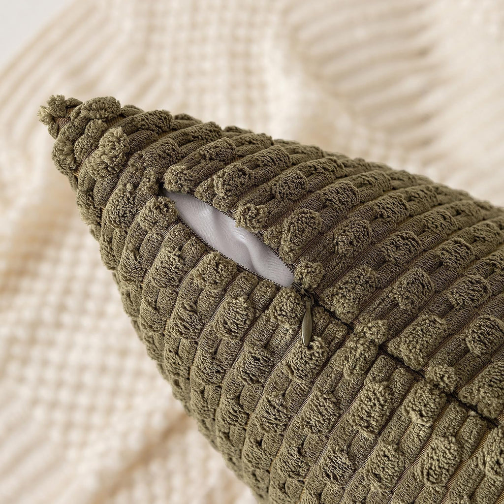 Kevin Textile 14x36 Inch Long Lumbar 1 Pack Boho Decorative Throw Pillow Cover Soft Striped Corduroy Rectangle Cushion Case Farmhouse Solid Color Accent for Living Room Couch Sofa Bed, Olive Green
