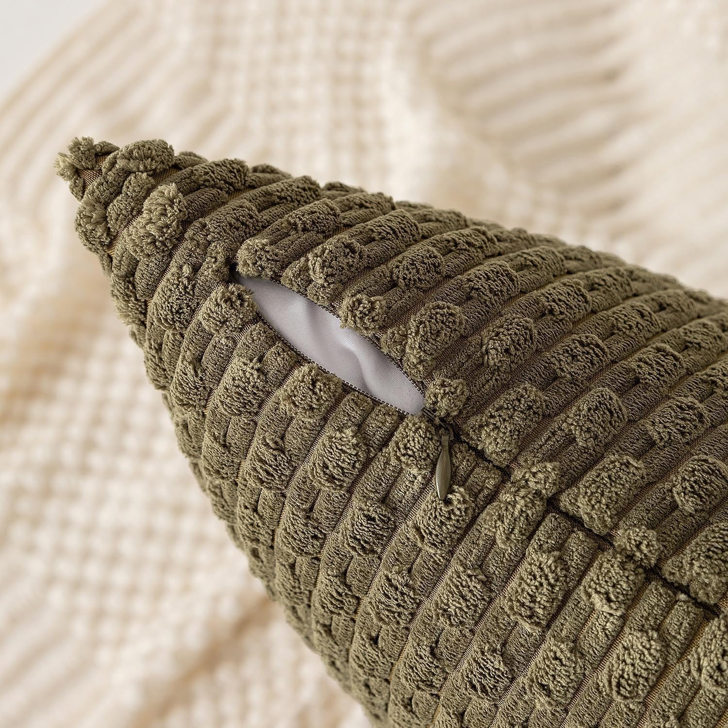 Kevin Textile 14x36 Inch Long Lumbar 1 Pack Boho Decorative Throw Pillow Cover Soft Striped Corduroy Rectangle Cushion Case Farmhouse Solid Color Accent for Living Room Couch Sofa Bed, Olive Green