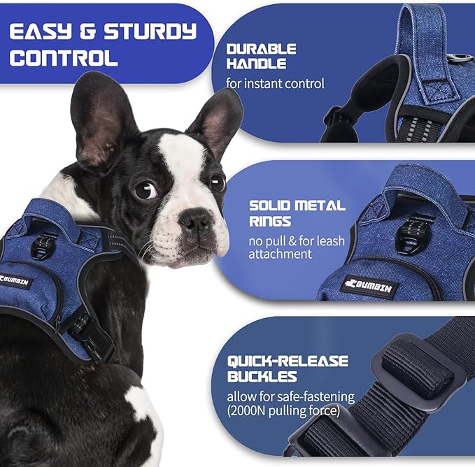 BUMBIN Dog Harness for Large Dogs, No Pull Adjustable No Choke Pet Vest with Dog Leash Fit Smart Reflective Pet Walking Harness for Training Easy Control Soft Handle Denim Blue M
