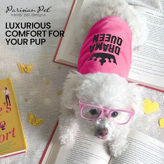 Parisian Pet Dog Tshirt - Embroidered “ Drama Queen “ Tank Top - Breathable and Lightweight Dog Clothes - Sleeveless Pink Tee Shirts - Machine Washable Shirts for Large Dogs Girl - XL