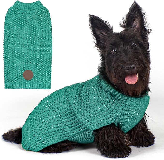 KYEESE Dog Christmas Sweater with Leash Hole Warm Pullover with Reflective Yarn for Small and Medium Dogs Male Soft Knit Pullover Boy Dog Coats Cozy Lightweight Thick Sweater,Green,Medium