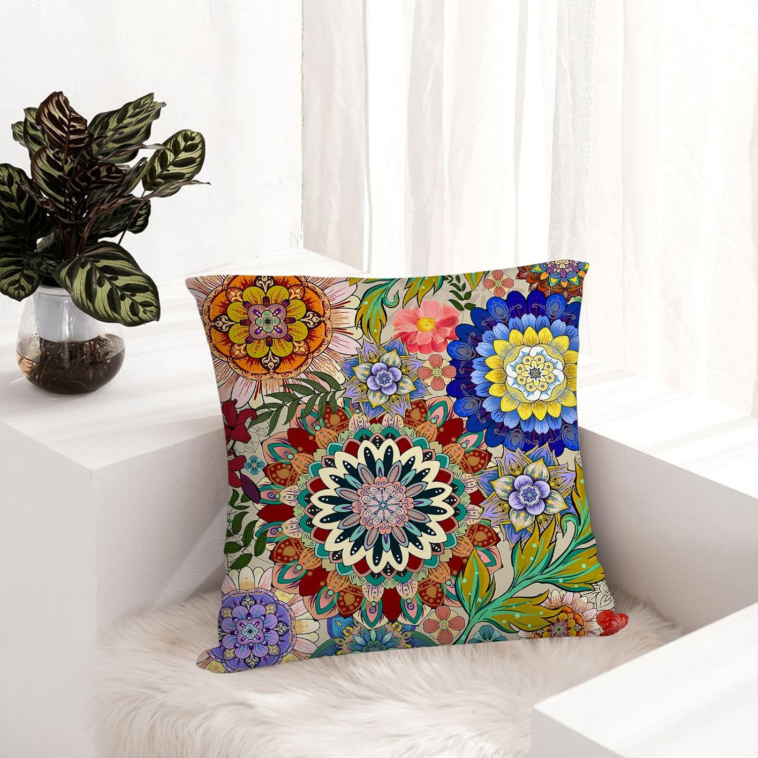 Boho Floral Throw Pillows Covers Colorful Flowers Decorative Pillow Cases for Sofa Couch Bedroom Living Room Decor Farmhouse Cushion Covers 18x18 Inches Set of 4