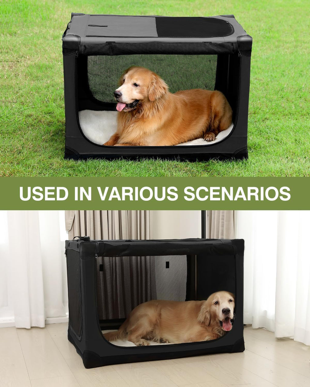 24-Inch Collapsible Travel Dog Crate, Portable 4-Door Soft Kennel for Medium to Large Dogs, Durable Mesh Windows, Indoor/Outdoor Use, Foldable, with Storage Bag (Black)