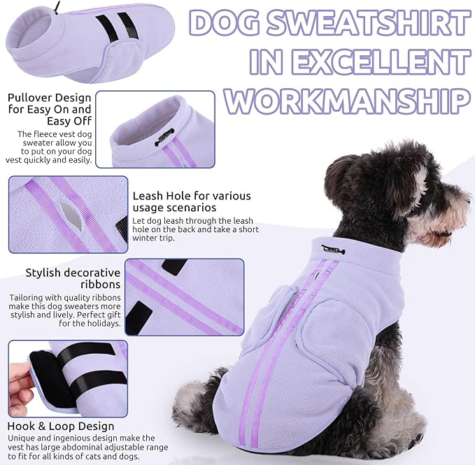 Queenmore XL Dog Sweater, Soft Fleece Vest Pullover Dog Jacket with Leash Hole, Warm Winter Dogs Clothes Cold Weather Doggy Dachshund Sweaters for Large Dogs Cats Boy or Girl (Lilac, XL)