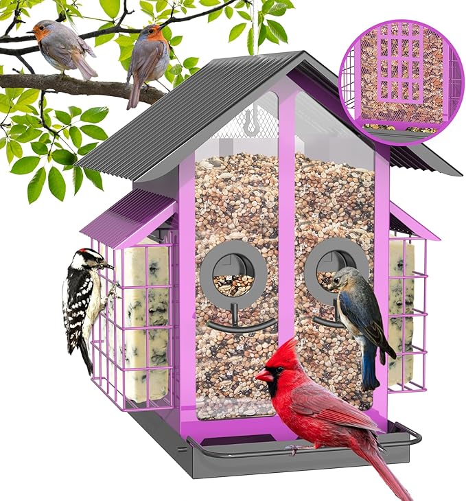 Bird Feeders for Outdoors, Metal Bird Feeder with Double Suet Cage Weatherproof Metal Roof, 2 in 1 Mixed Seeds Suet Feeder, 4Lbs Large Capacity, Great for Finch、Cardinal、Chickadee（Purple）
