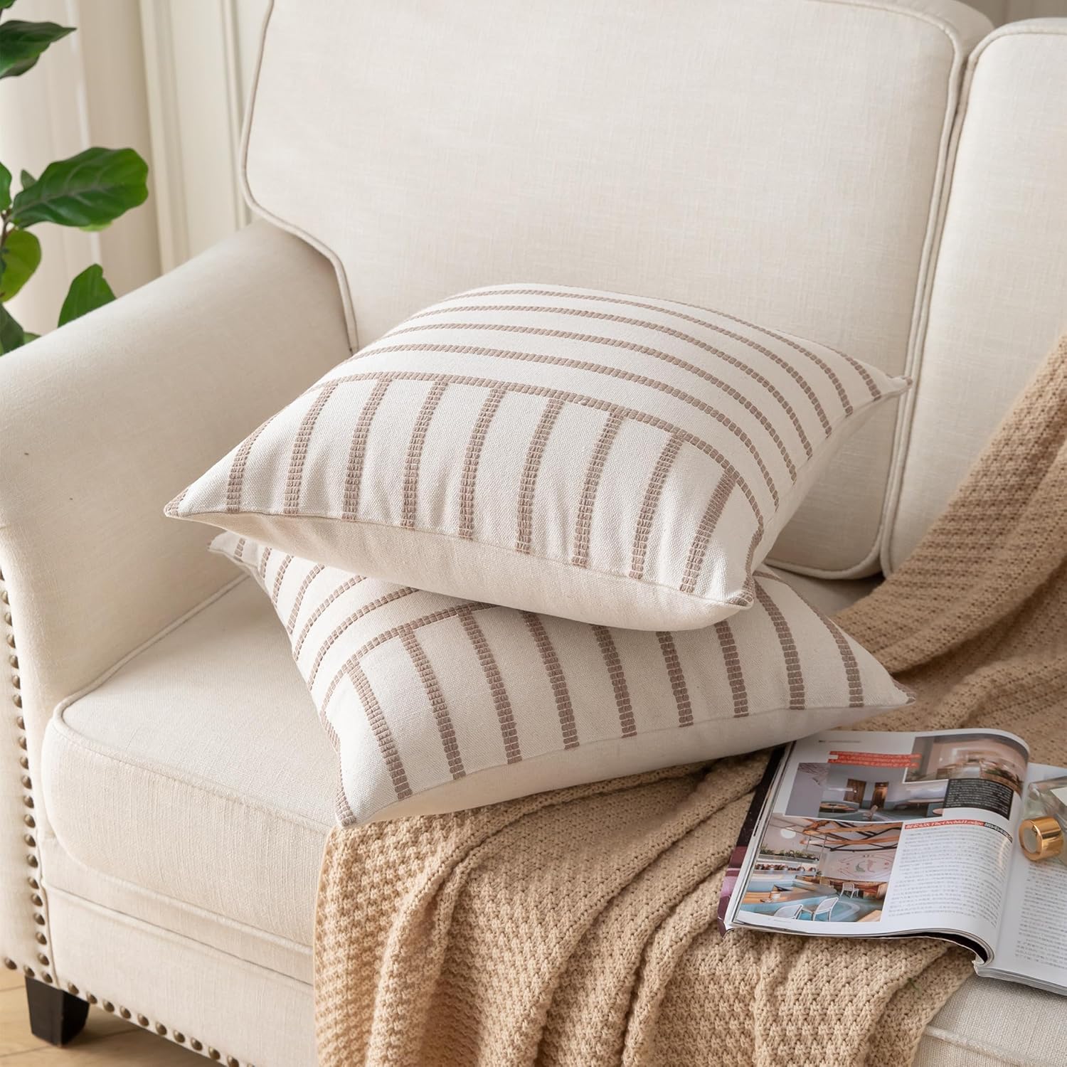 Caflife Boho Throw Pillow Covers 20x20 Set of 2 Soft Farmhouse Decorative Couch Pillow Cases Beige Striped Pillow Covers Neutral Cushion Covers for Sofa Bed Living Room Home Decor