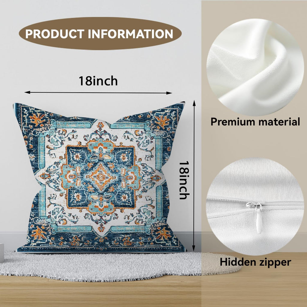 Vintage Boho Floral Print Throw Pillow Cover, Orange, Blue - Retro Rust Floral Decor Pillowcase, Indoor Outdoor Cushion Case for Sofa Couch Bed Living Room Bedroom Home (Blue&White, 18x18inch)