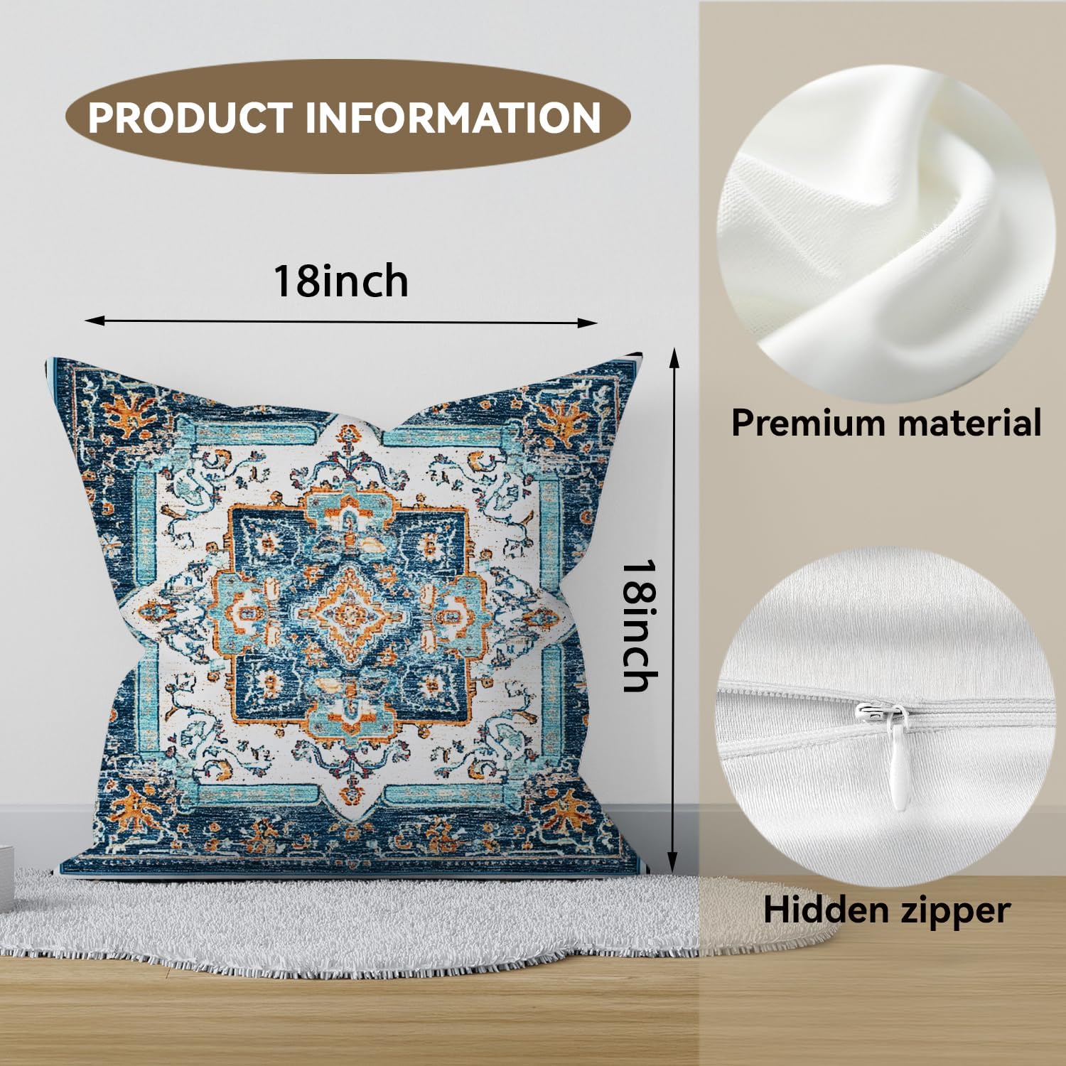 Vintage Boho Floral Print Throw Pillow Cover, Orange, Blue - Retro Rust Floral Decor Pillowcase, Indoor Outdoor Cushion Case for Sofa Couch Bed Living Room Bedroom Home (Blue&White, 18x18inch)